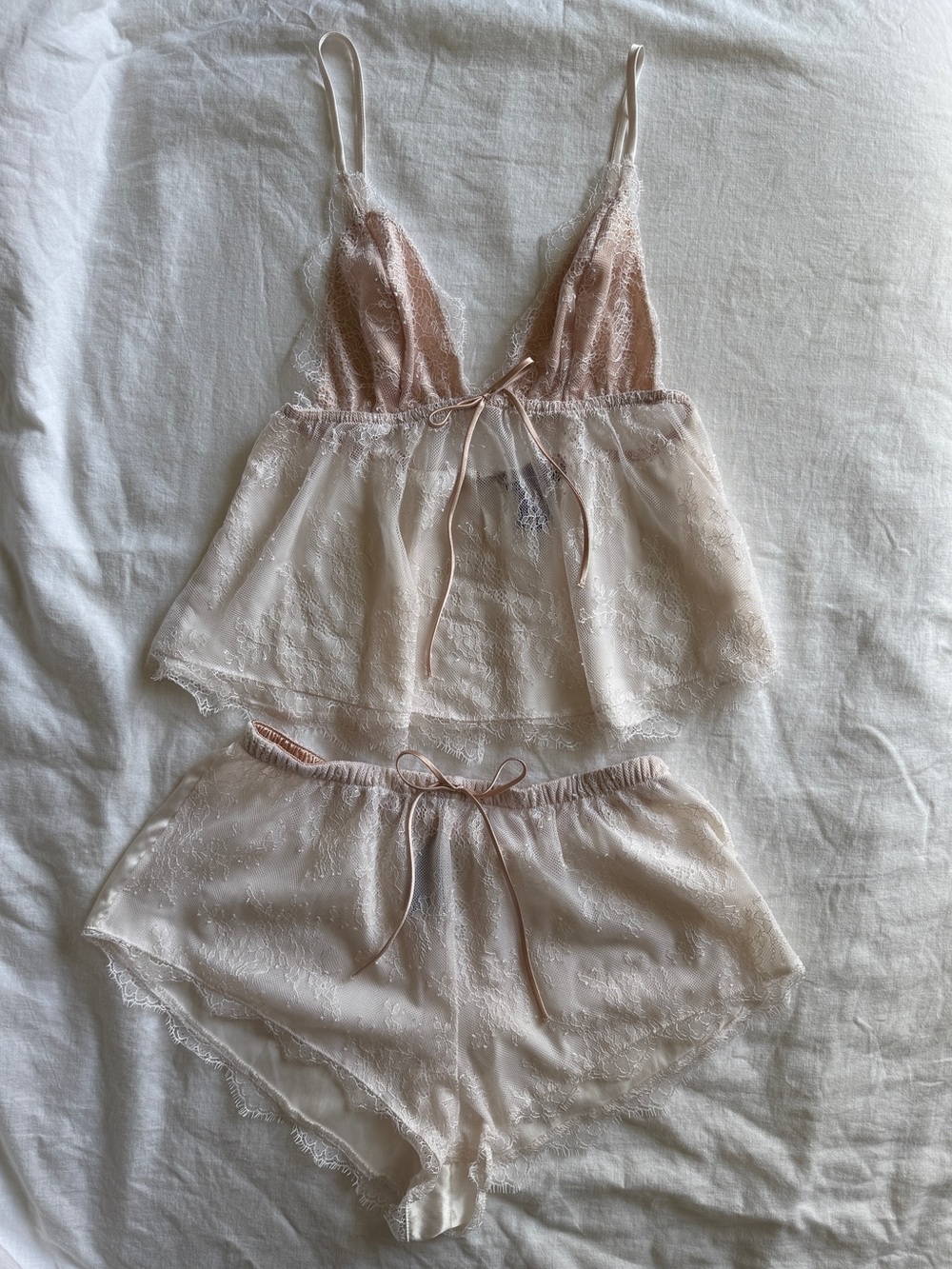 Lace Victoria’s Secret Camisole and Short Set in White & Blush